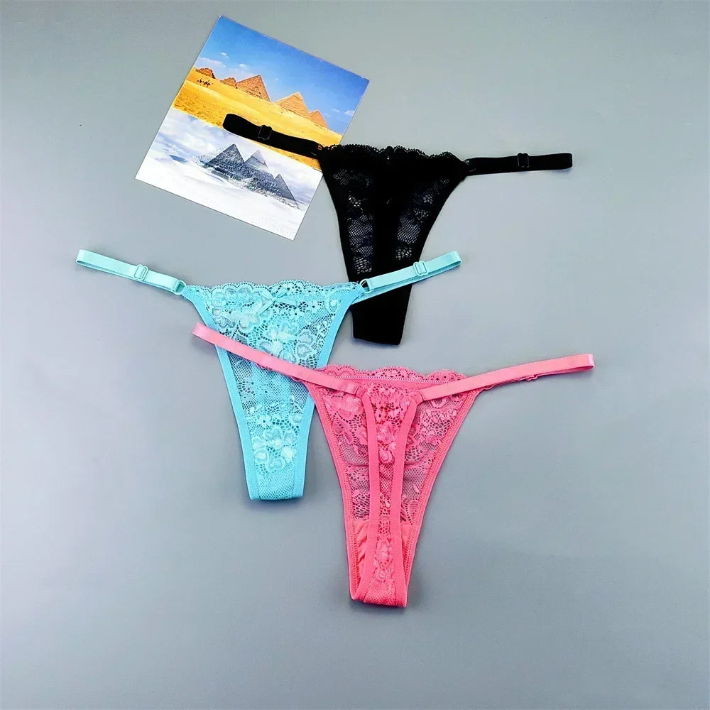 3PCS Einstellbare Sexy Transparent Tanga Höschen Frauen Spitze Unterwäsche Niedrige Taille Weibliche T-zurück String Unterhose
